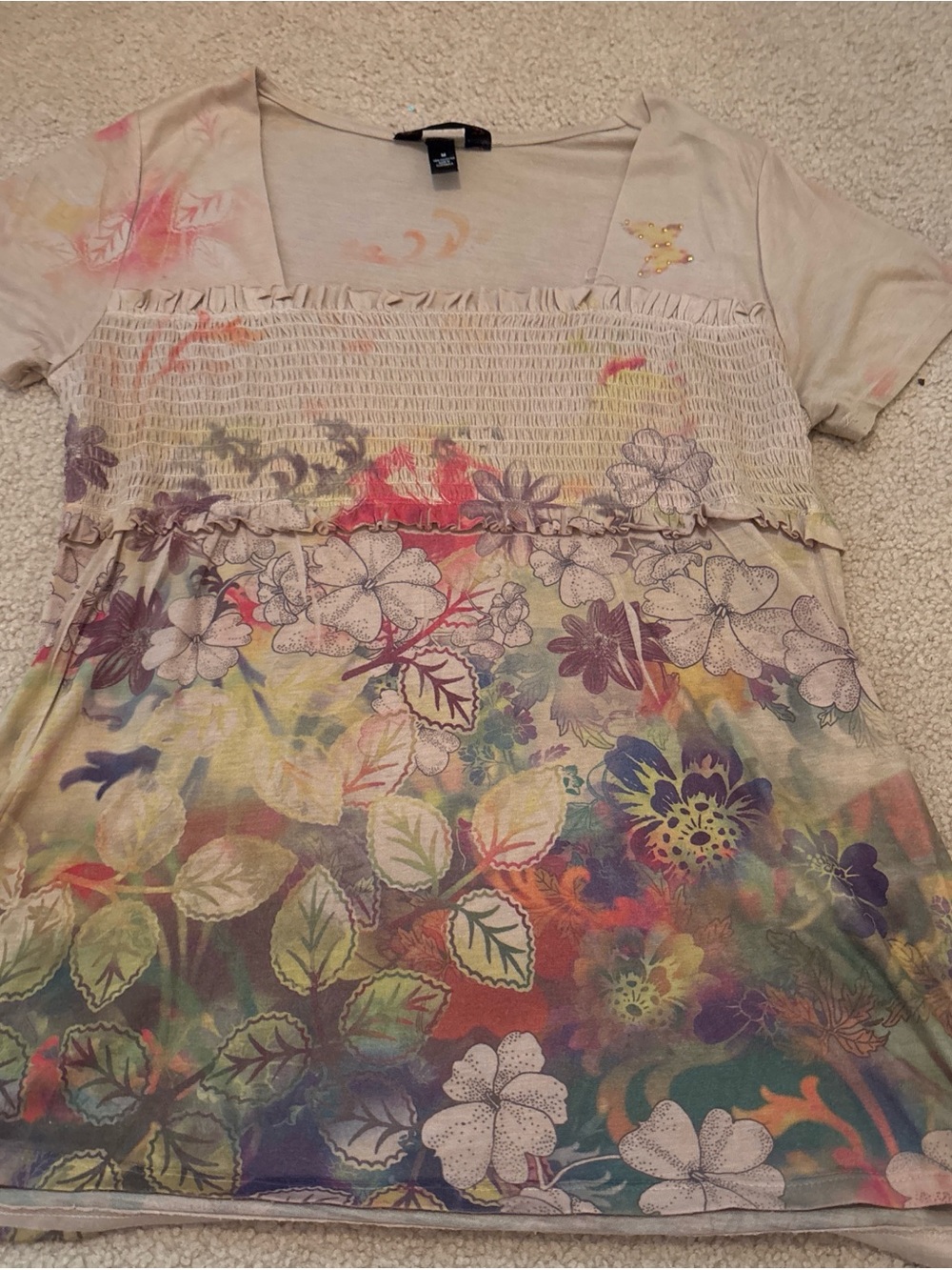 L.A. Blues Beige Floral Print Short Sleeve Top